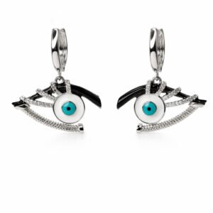 Gümüş Renk Nazar Göz Detaylı Zirkon Taşlı Sallantılı Küpe - Görsel 1