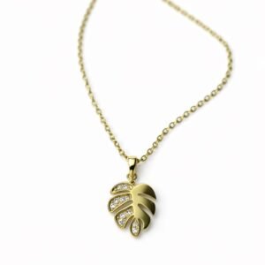 Altın Renk Xuping Monstera Yaprağı Figürlü Zirkon Taşlı Kolye (40 cm+7 cm İlaveli) - Görsel 2