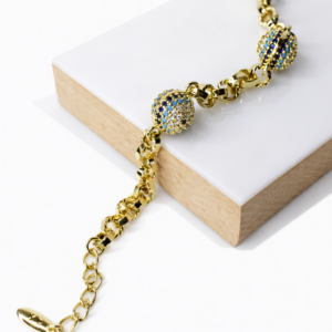 Xuping 14K Altın Rengi Mavi Nazar Taşlı Küre Detaylı Zincir Bileklik (20 cm+3 cm Ayarlanabilir) - Görsel 1