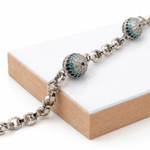 Xuping Beyaz Altın Rengi Mavi Nazar Taşlı Küre Detaylı Zincir Bileklik (20 cm+3 cm Ayarlanabilir) - Görsel 2